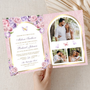 Convite Casamento Borboleta Arco Dourado Floral Rosa Lavan