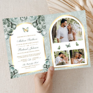 Convite Casamento Borboleta Arco Dourado Floral Verde Salv