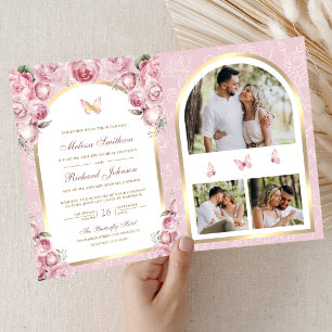 Convite Casamento Borboleta Arco Floral Rosa Bege Dourado