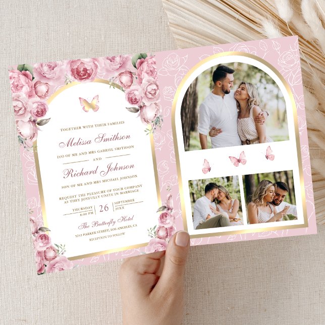 Convite Casamento Borboleta Arco Floral Rosa Bege Dourado (Criador carregado)