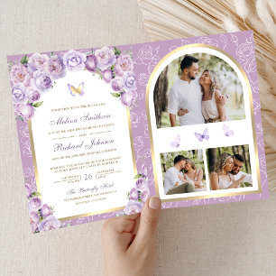 Convite Casamento Borboleta Arco Floral Roxo Lavanda Doura