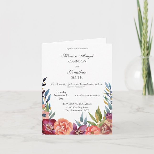 Convite Casamento Branco Tropical Elegante de Borgonha Dob (Frente)