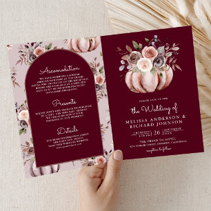 Convite Casamento Burgundy Floral Abóbora Neutra Código QR