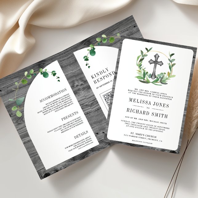 Convite Casamento Católico Cruz de Madeira Cinza Eucalipto (Criador carregado)