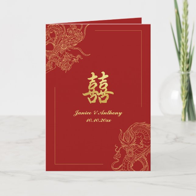 Convite Casamento chinês tradicional Dragão Fenix vermelho (Frente)