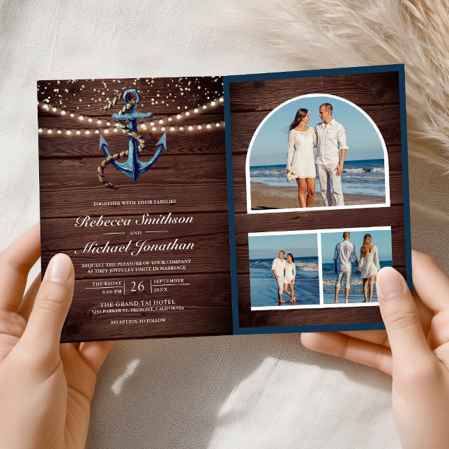 Convite Casamento Código QR Âncora Azul Marinho Madeira Rú (Criador carregado)
