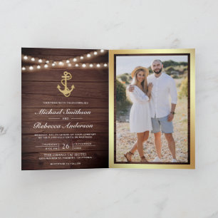 Convite Casamento Código QR Âncora Dourada Náutica Madeira