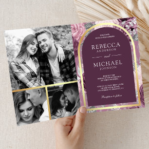 Convite Casamento Código QR Arco Floral Roxo Púrpura Empoe