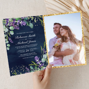 Convite Casamento Código QR Azul Marinho Eucalipto Lavanda