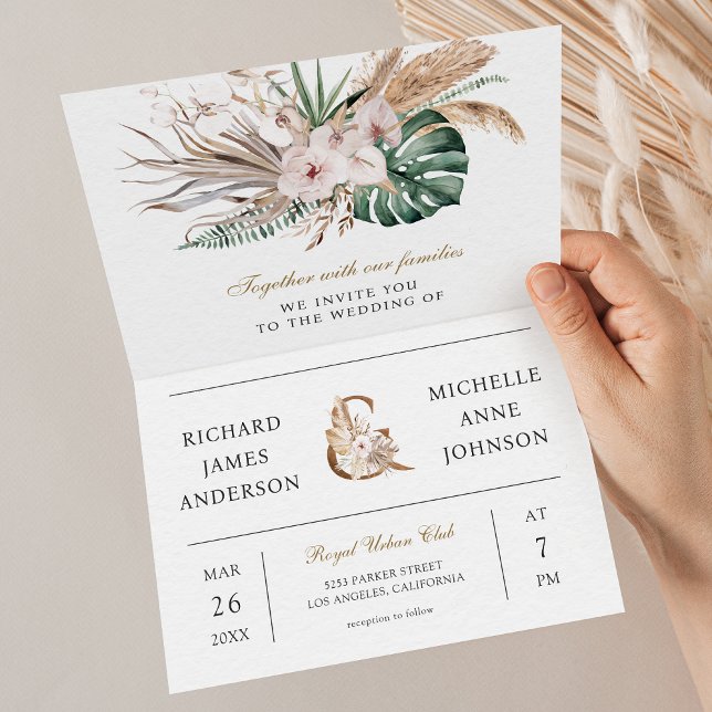 Convite Casamento Código QR Boho Pampas Monstera Tropical (Criador carregado)