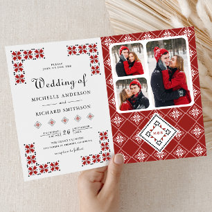 Convite Casamento Código QR de Bordado Ucraniano Vermelho 