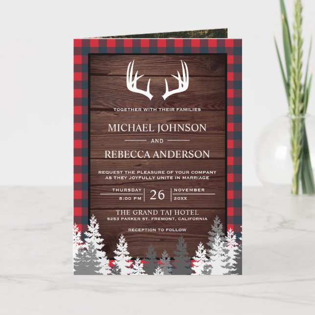 Convite Casamento Código QR de Chifre de Plaid Buffalo Ver (Frente)
