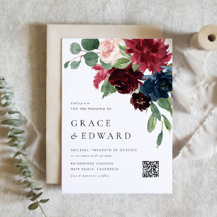 Convite Casamento Código QR de Flores Azul Marinho e Borgo