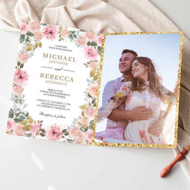 Convite Casamento Código QR de Foto Floral Rosa Rústico e  (Criador carregado)