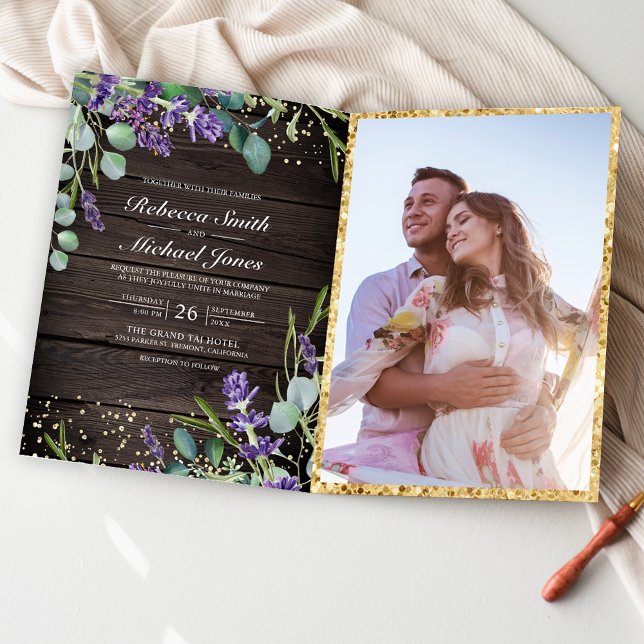 Convite Casamento Código QR de Madeira Rústica Lavanda Euc (Criador carregado)