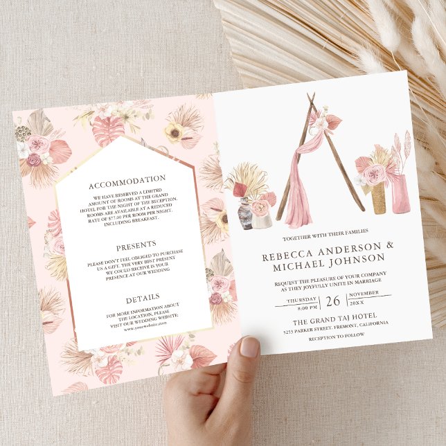 Convite Casamento Código QR do Arco de Boho Floral Rosa Em (Criador carregado)