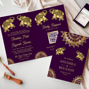 Convite Casamento Código QR Elefante Étnico Ouro Roxo Indi