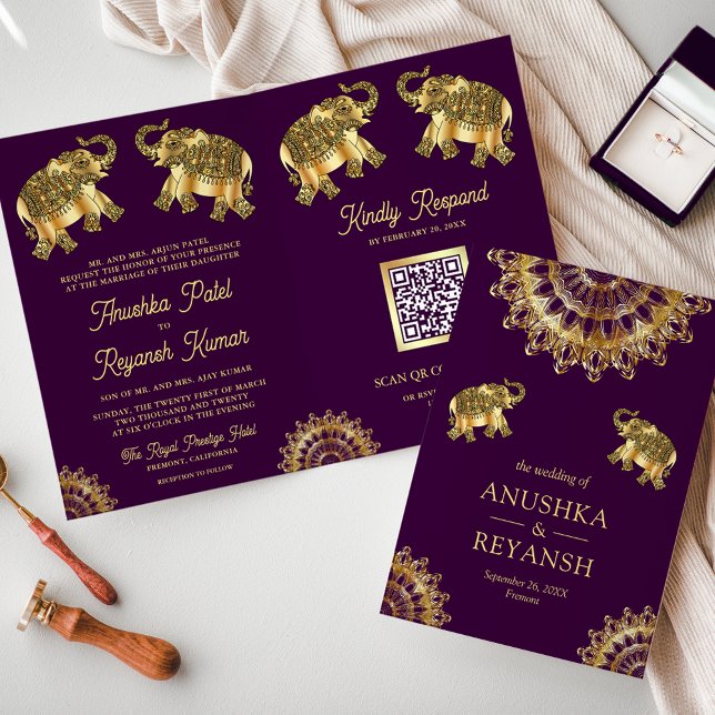 Convite Casamento Código QR Elefante Étnico Ouro Roxo Indi (Criador carregado)