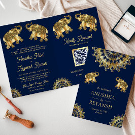 Convite Casamento Código QR Elefantes Étnicos Ouro Azul Ín