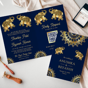 Convite Casamento Código QR Elefantes Étnicos Ouro Azul Ín
