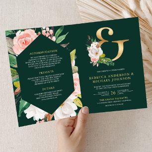 Convite Casamento Código QR Esmeralda Ampersand Floral Ros