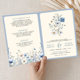 Convite Casamento Código QR Flor Silvestre Boho Azul Empoe