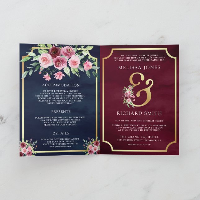 Convite Casamento Código QR Floral Ampersand Marsala Rosa  (Interior)