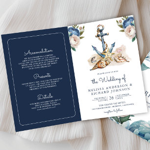 Convite Casamento Código QR Floral Azul Marinho Aquarela Â