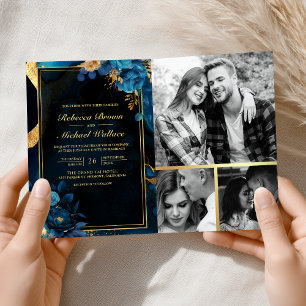 Convite Casamento Código QR Floral Dourado Azul Real Mármo