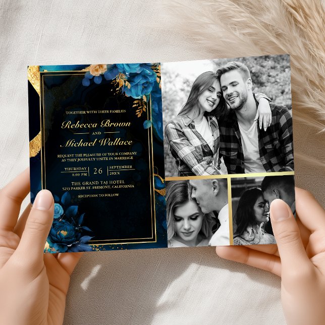 Convite Casamento Código QR Floral Dourado Azul Real Mármo (Criador carregado)