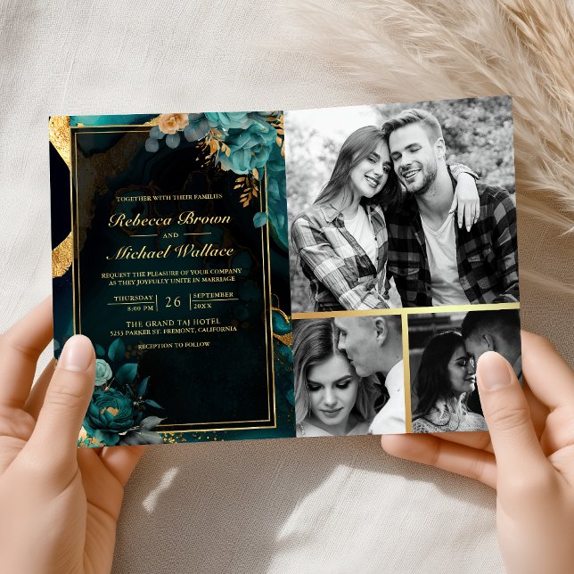 Convite Casamento Código QR Floral Mármore Dourado Teal Es (Criador carregado)