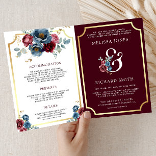 Convite Casamento Código QR Floral Navy Borgonha