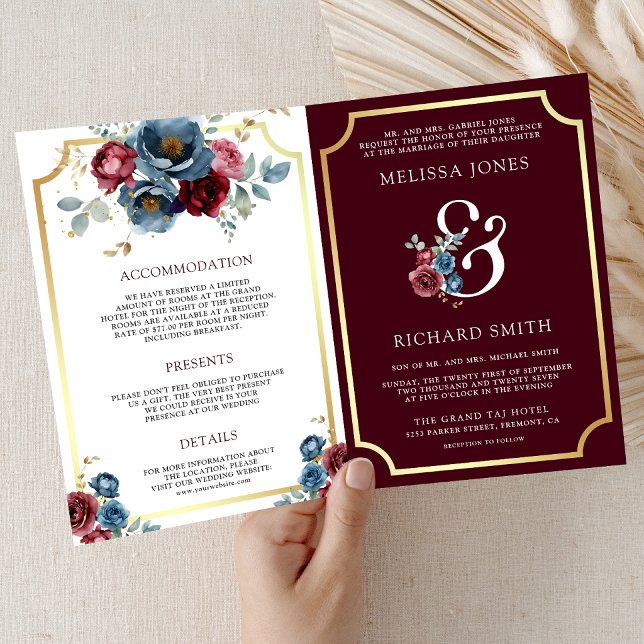 Convite Casamento Código QR Floral Navy Borgonha Ampersand (Criador carregado)
