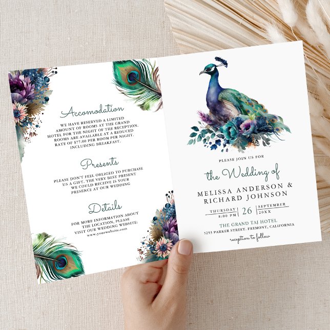 Convite Casamento Código QR Floral Pena Pavão Aquarela (Criador carregado)