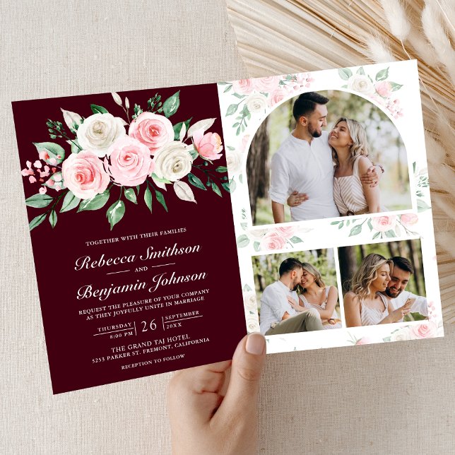 Convite Casamento Código QR Floral Rosa Bege Burgundy (Criador carregado)