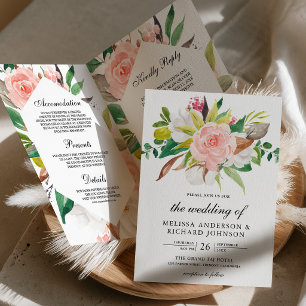 Convite Casamento Código QR Floral Rosa Bege Magnólia Bran