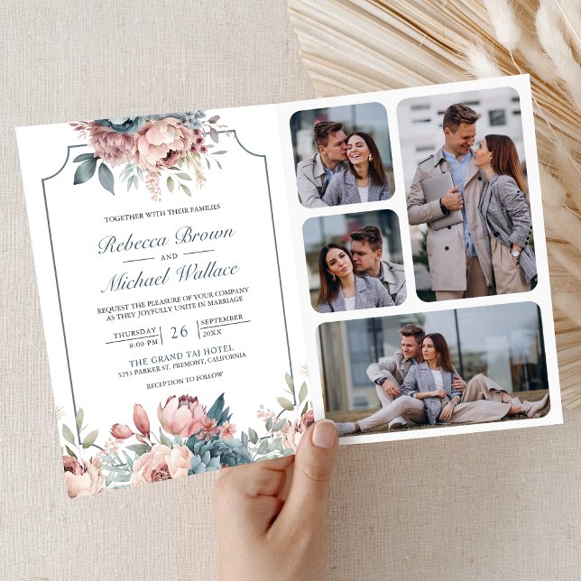 Convite Casamento Código QR Floral Rosa e Azul Empoeirado (Criador carregado)