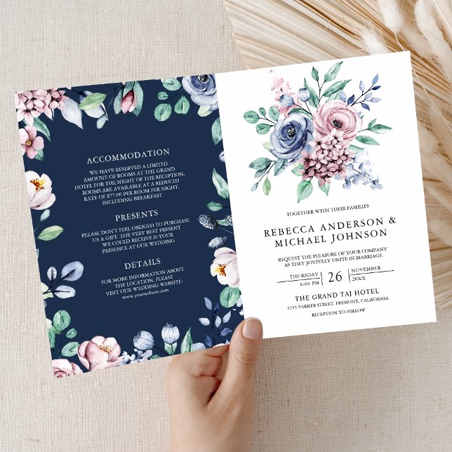 Convite Casamento Código QR Floral Rosa e Azul Empoeirado (Criador carregado)