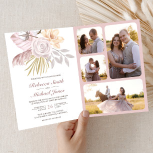 Convite Casamento Código QR Floral Rosa Poeira Rústica