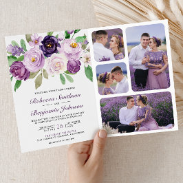 Convite Casamento Código QR Floral Roxo Rústico Tudo em Um