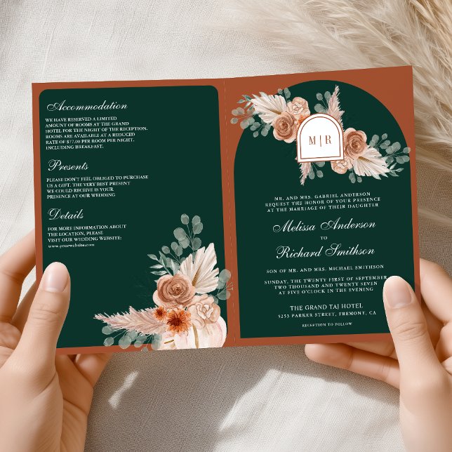 Convite Casamento Código QR Floral Terracota Pampas Esmera (Criador carregado)