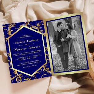 Convite Casamento Código QR Foto Azul Royal Dourado Flores