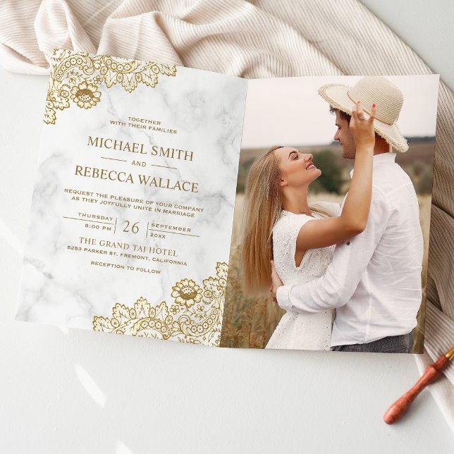 Convite Casamento Código QR Foto de Renda e Mármore Branco (Criador carregado)