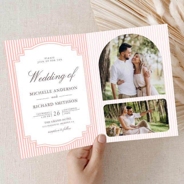 Convite Casamento Código QR Foto Listrada Rosa Coral Paste (Criador carregado)