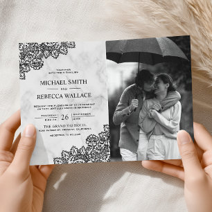 Convite Casamento Código QR Foto Mármore Branco e Renda Pr