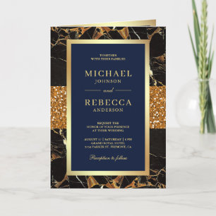 Convite Casamento Código QR Foto Mármore Dourado Azul Mari