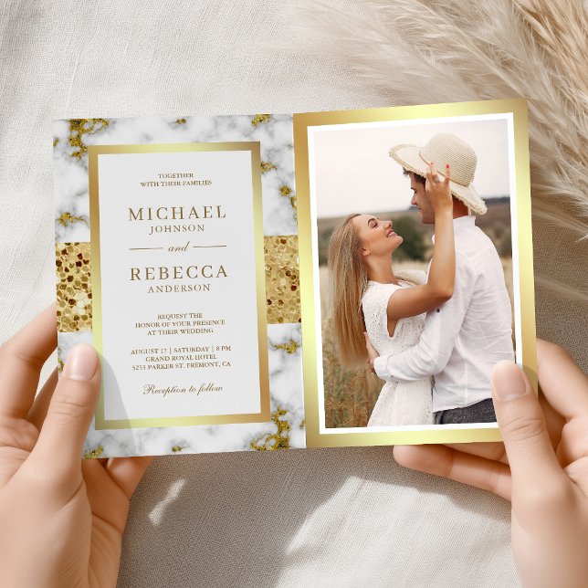 Convite Casamento Código QR Foto Mármore Ouro Branco (Criador carregado)