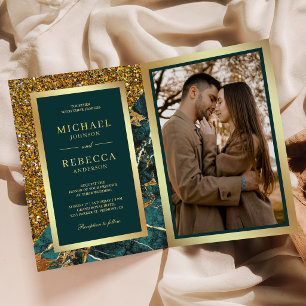 Convite Casamento Código QR Foto Mármore Verde Dourado