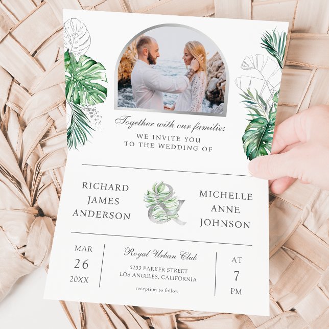 Convite Casamento Código QR Foto Palma Prateada Tropical (Criador carregado)
