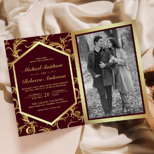 Convite Casamento Código QR Foto Redemoinho Florescer Dour